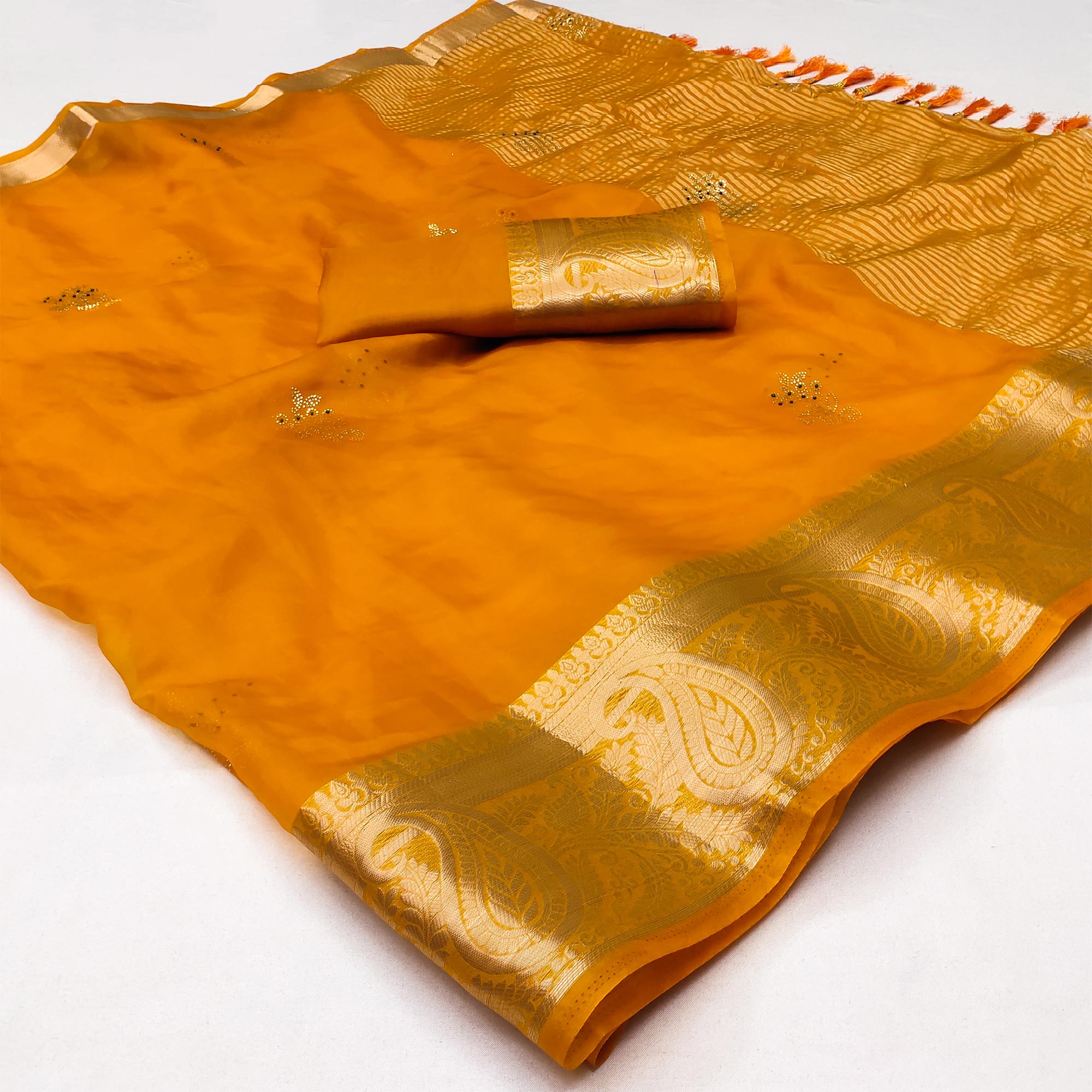 Yellow Floral Foil With Woven Border Organza Saree