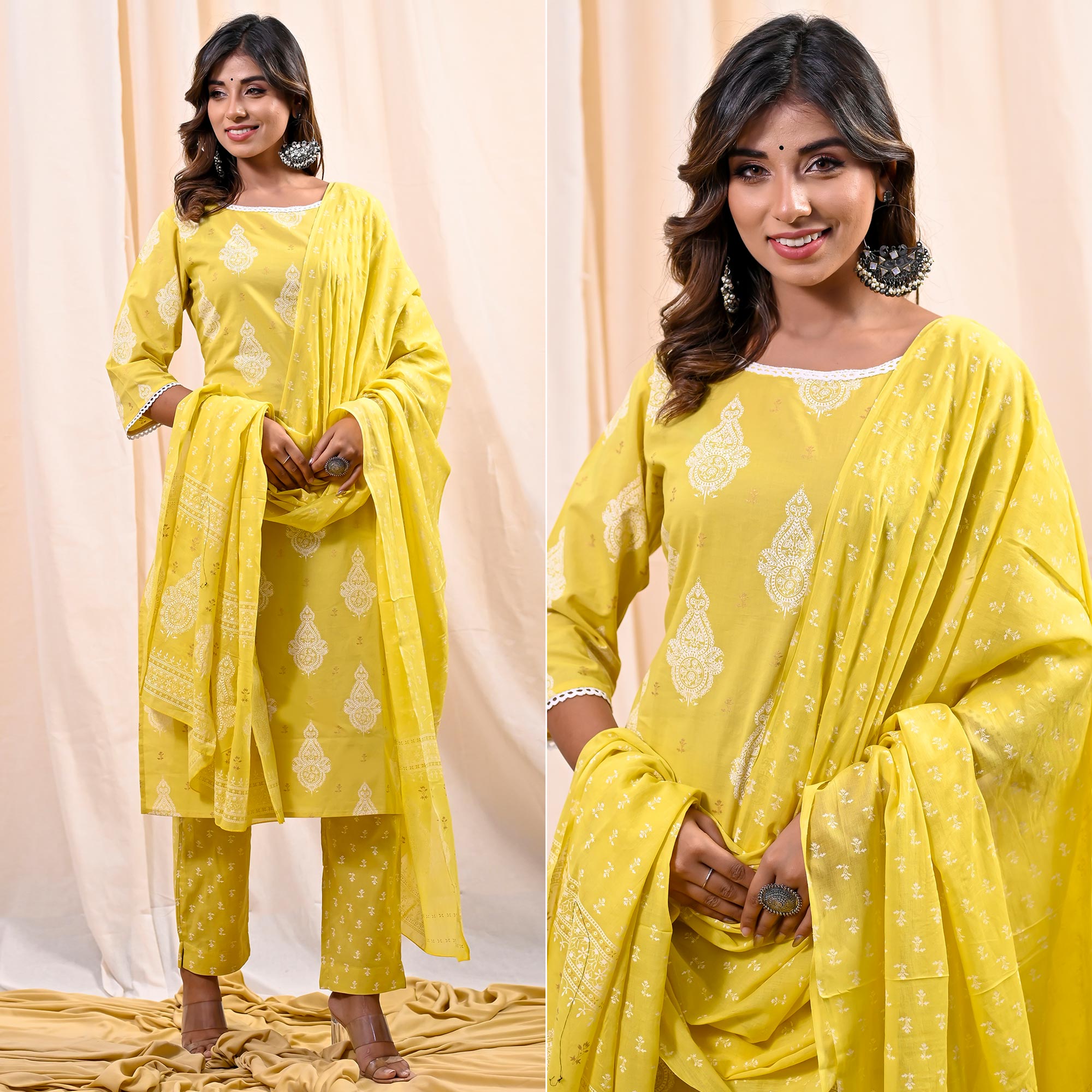 Yellow Printed Pure Cotton Salwar Suit
