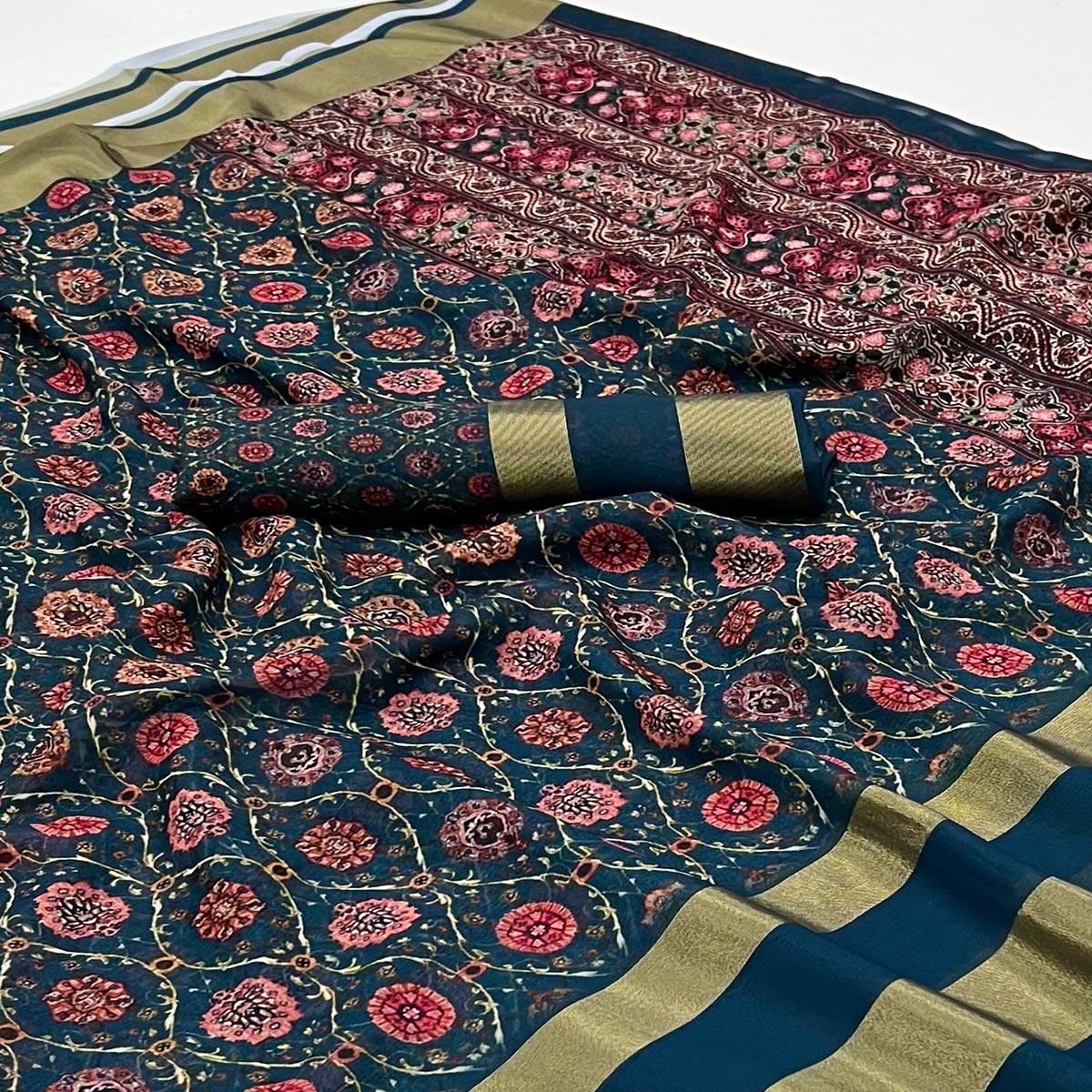 Blue Digital Floral Printed Viscose Saree