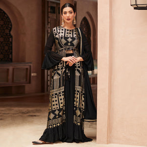 Black Sequins Embroidered Georgette Sharara Choli With Jacket