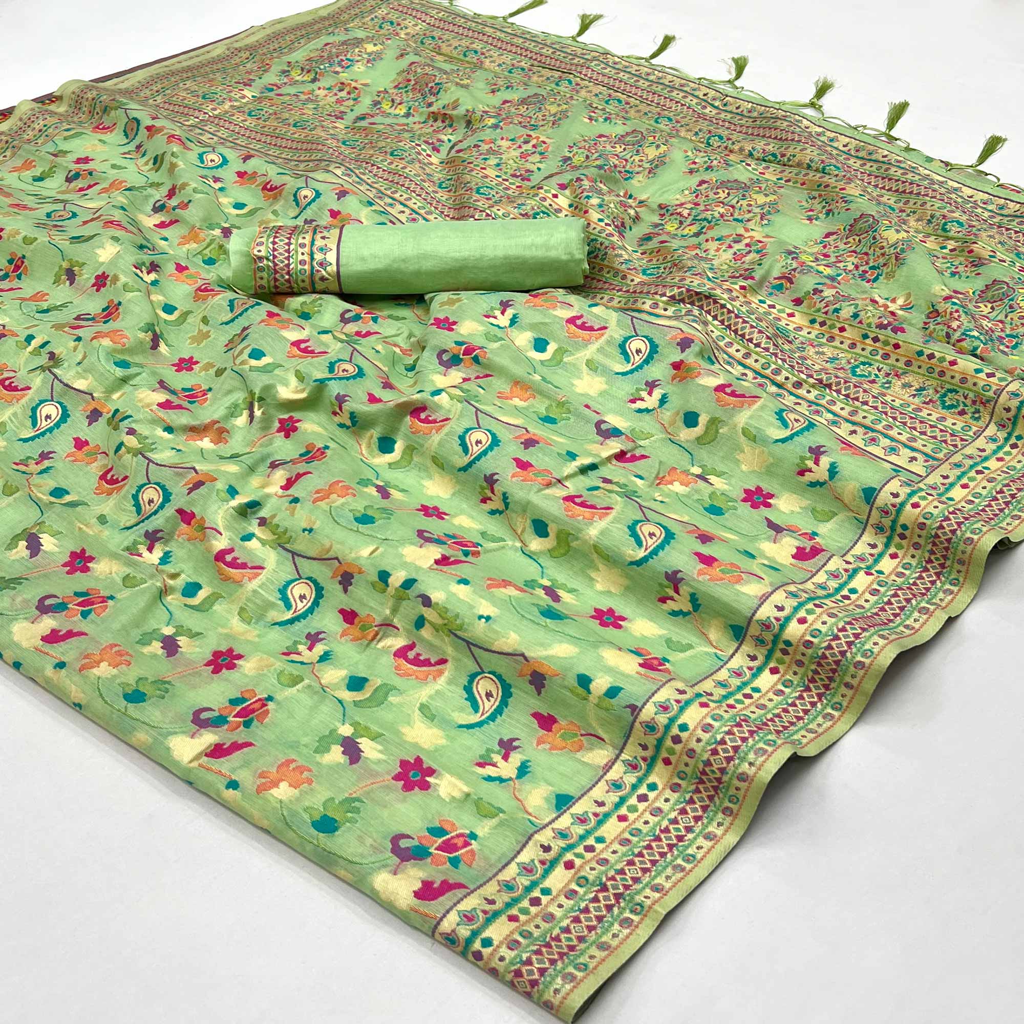 Green Floral Woven Chanderi Saree