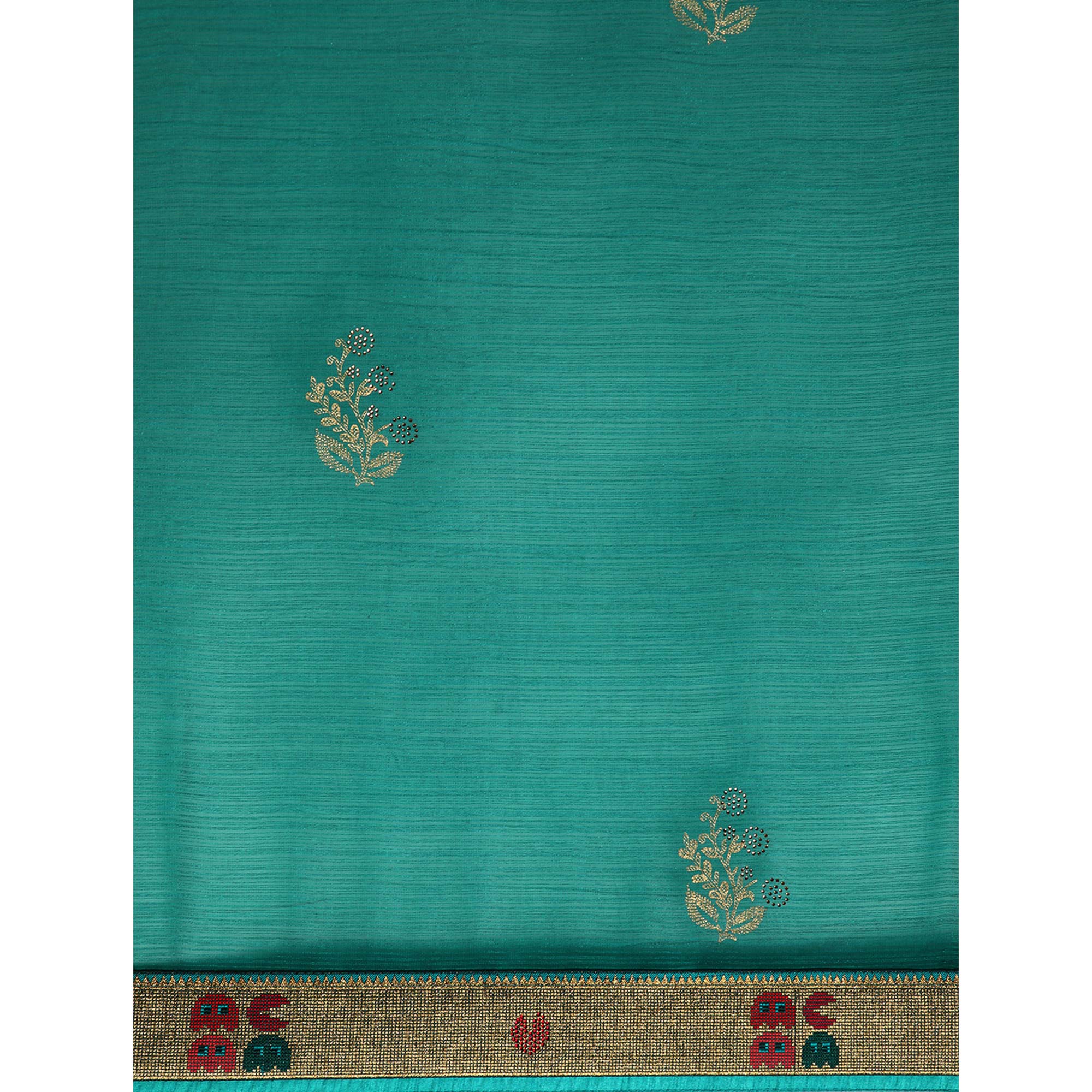 Turquoise Green Foil Printed With Swarovski Zomato Silk Saree