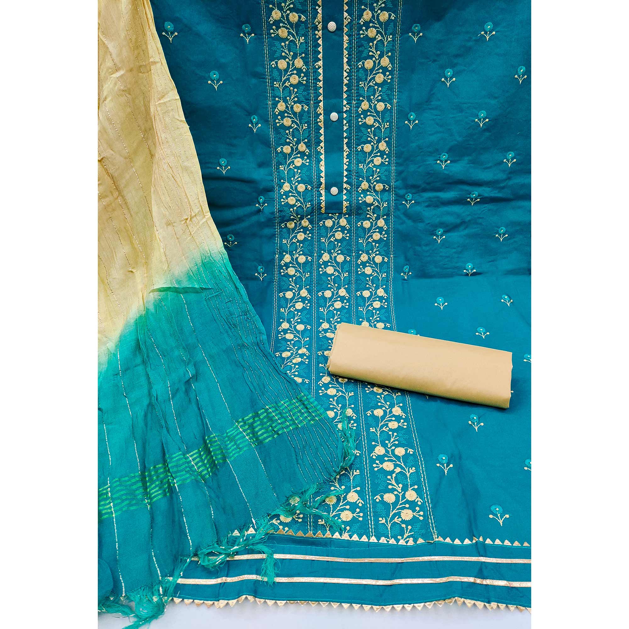 Blue Floral Embroidered Cotton Blend Dress Material