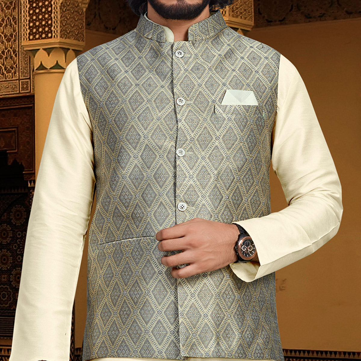 Cream Grey Woven Art Silk Kurta Pyjama Set With Jacket