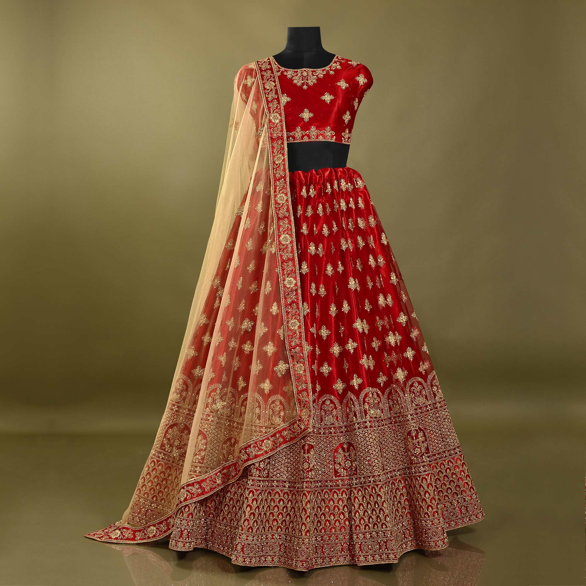 Red Floral Embroidered Net Lehenga Choli