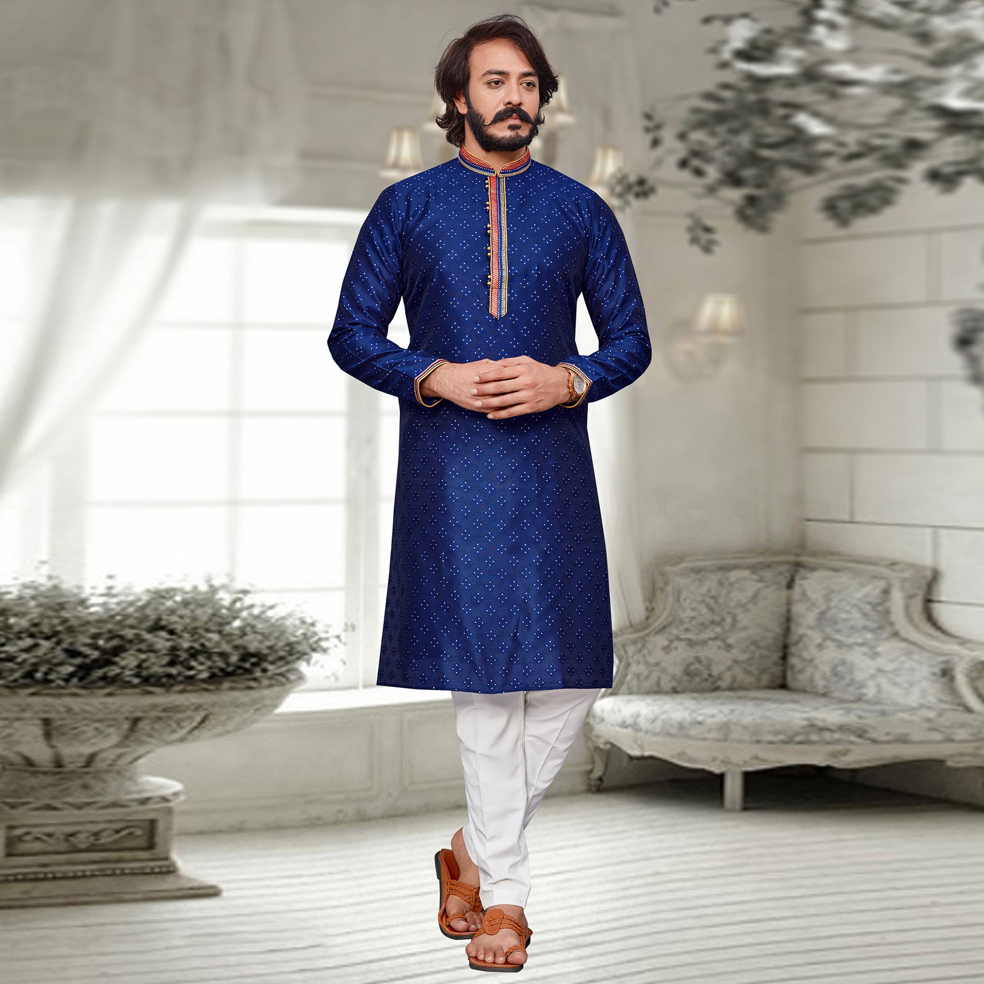 Blue Woven Jacquard Kurta Pyjama Set