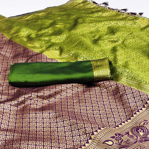 Purple Woven Jacquard Saree With Tassels