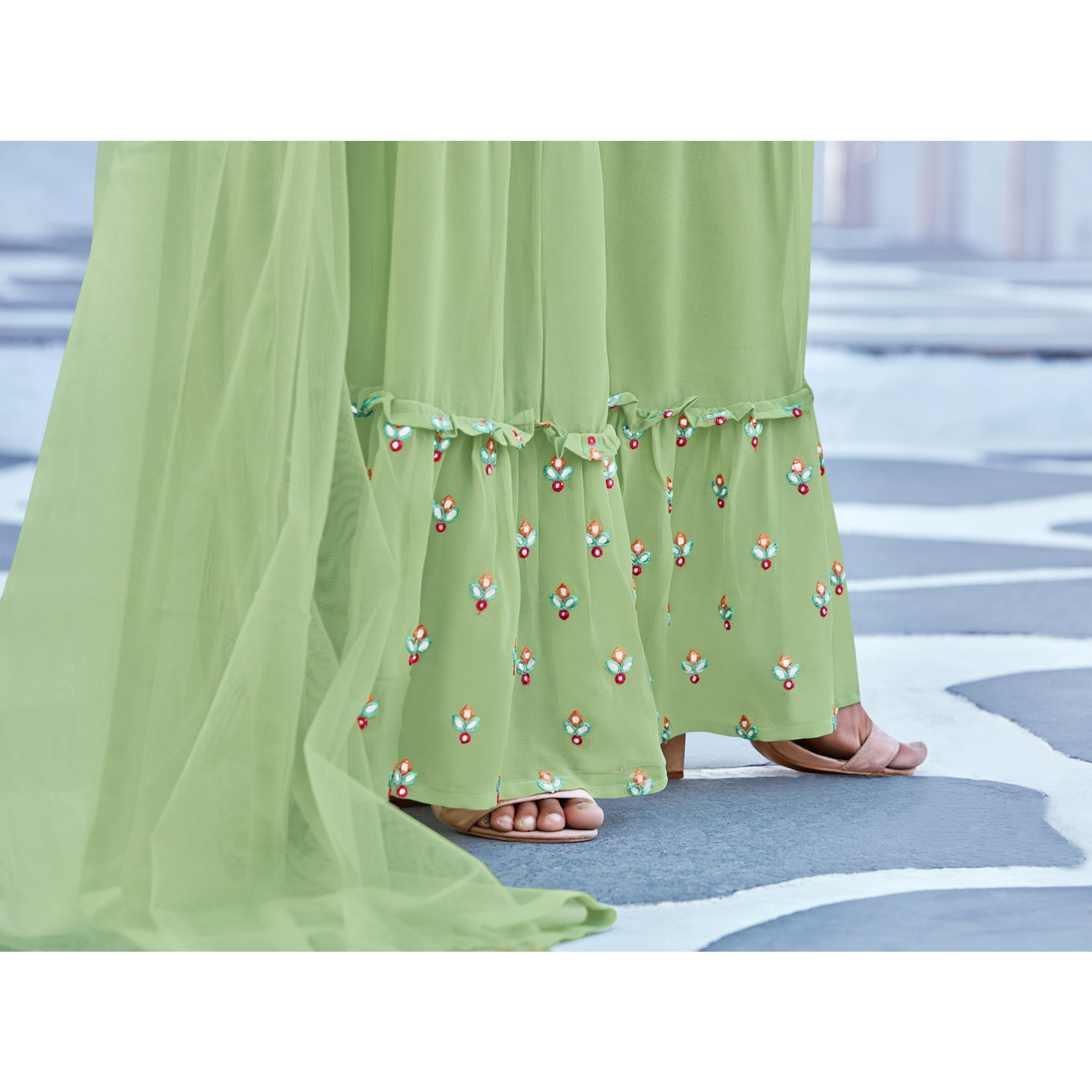 Pista Green Floral Embroidered Georgette Sharara Suit