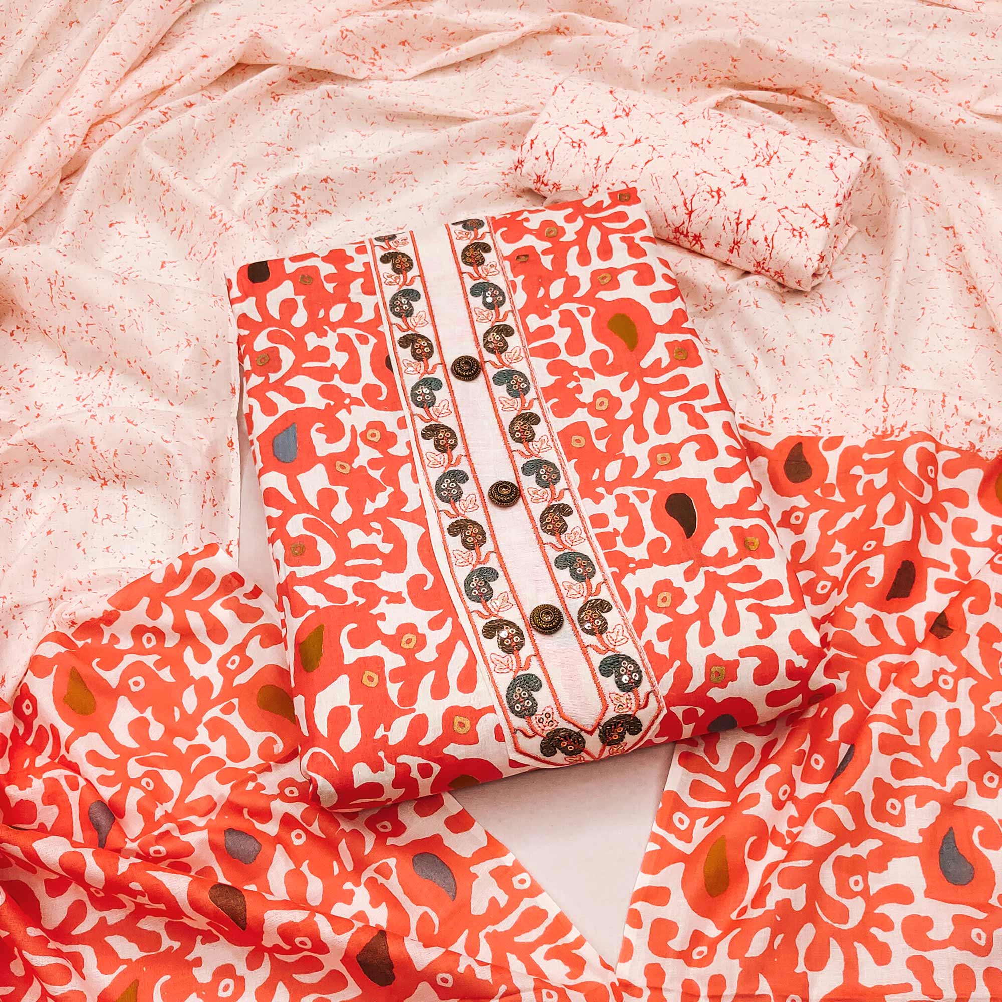 Orange Printed Cotton Dress Material