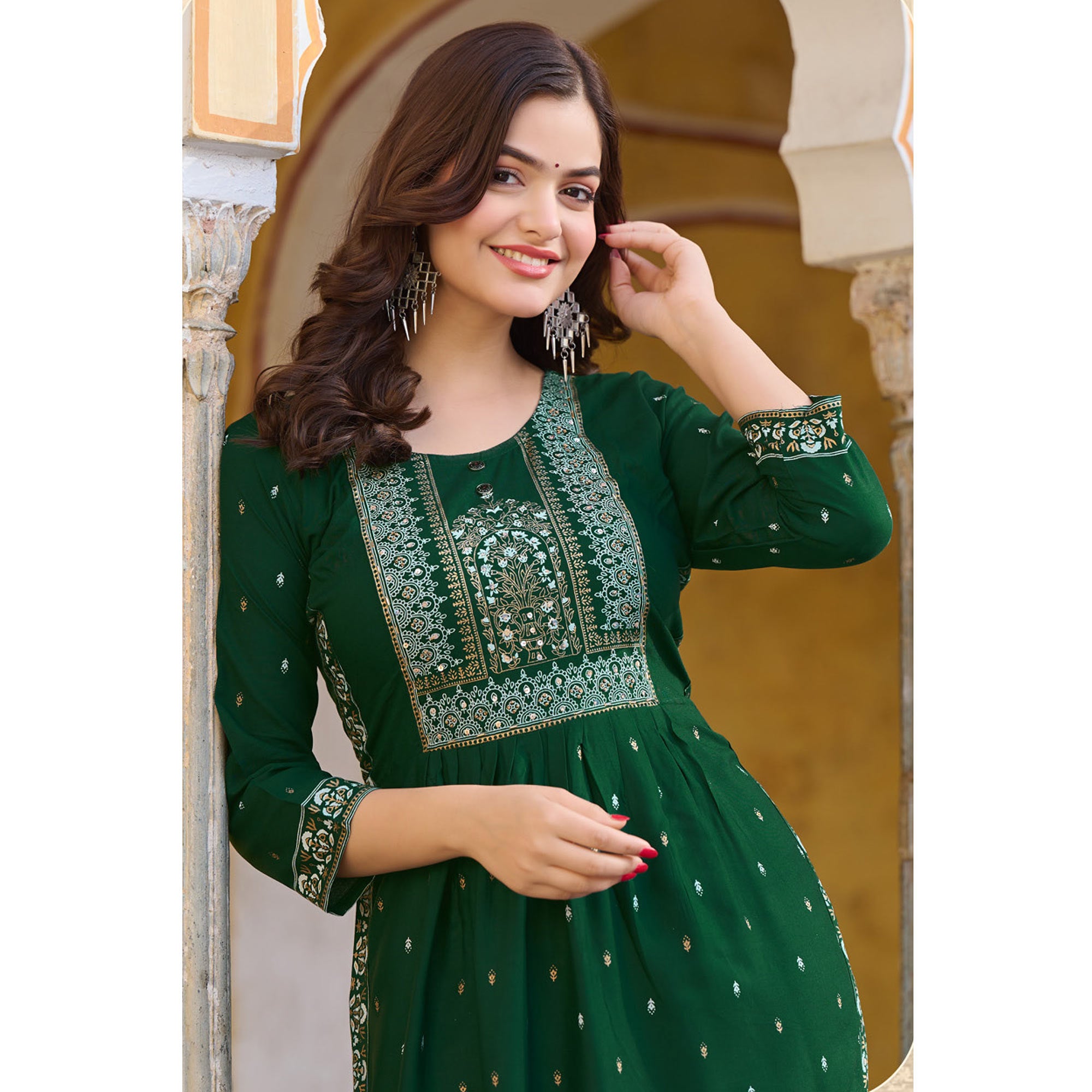 Green Printed Rayon Naira Cut Kurti