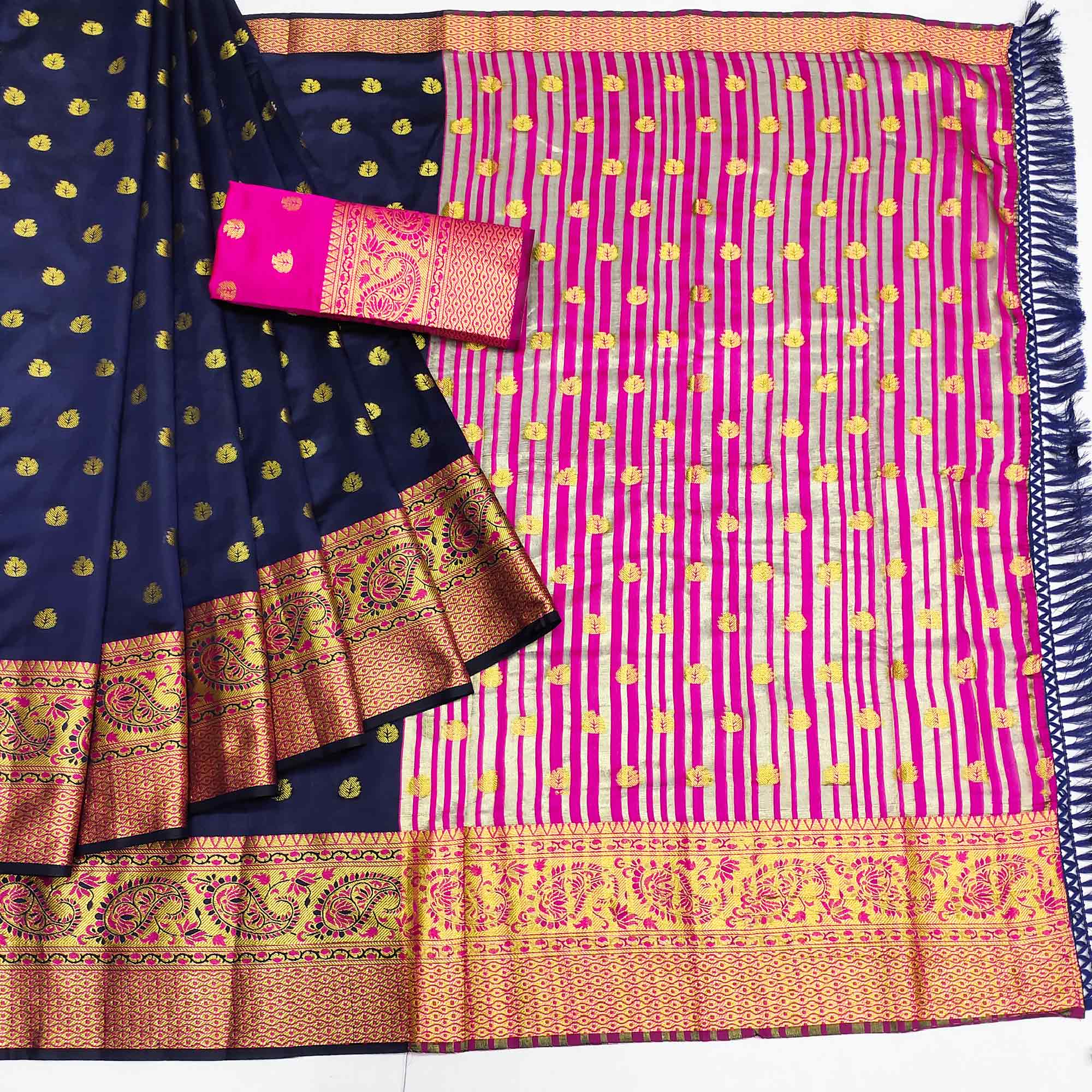 Navy Blue Woven Jacquard Saree With Tassels