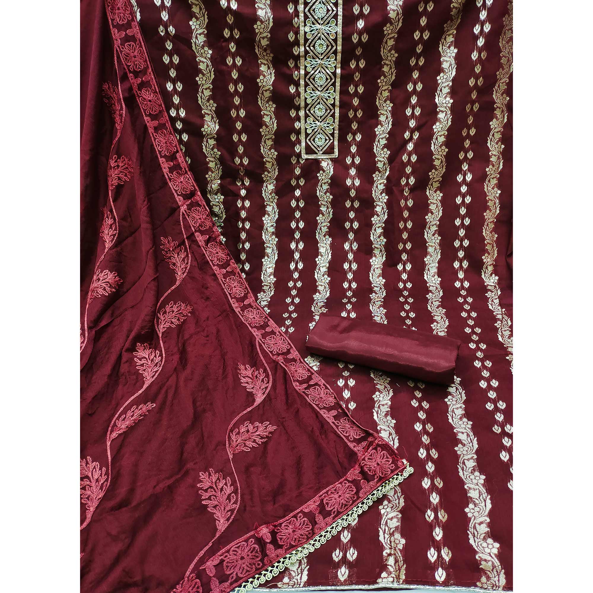 Maroon Woven Banarasi Silk Dress Material