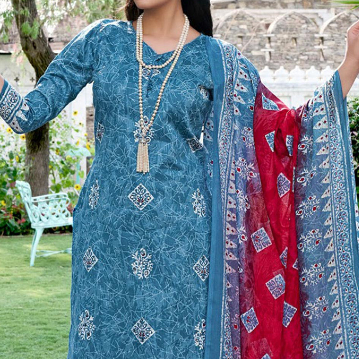 Blue Digital Printed With Mirror Work Pure Cotton Suit