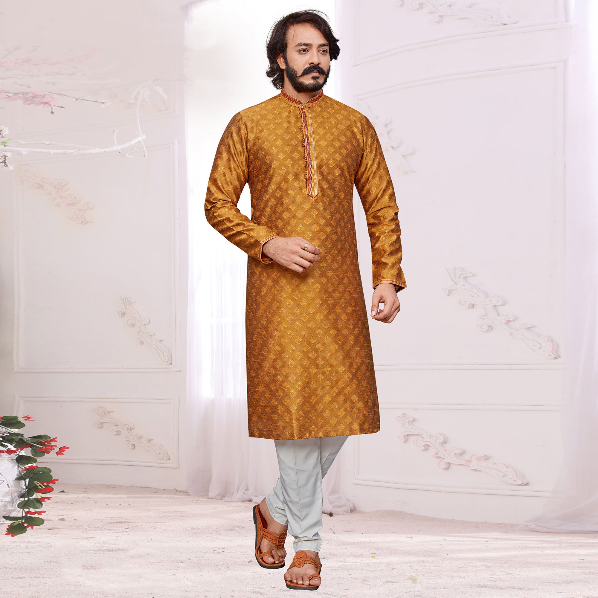 Mustard Woven Jacquard Kurta Pyjama Set