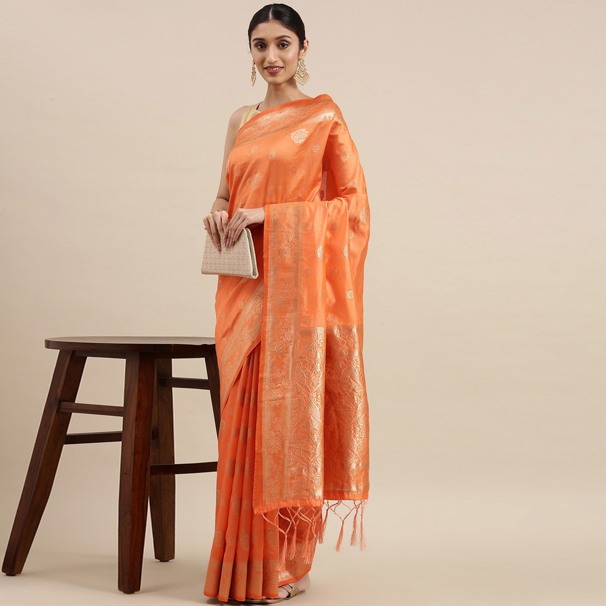 Orange Woven Kanjivaram Silk Saree WithTassels
