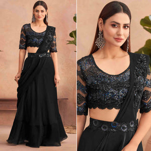 Black Sequins Embroidered Ready to Wear Art Silk Saree