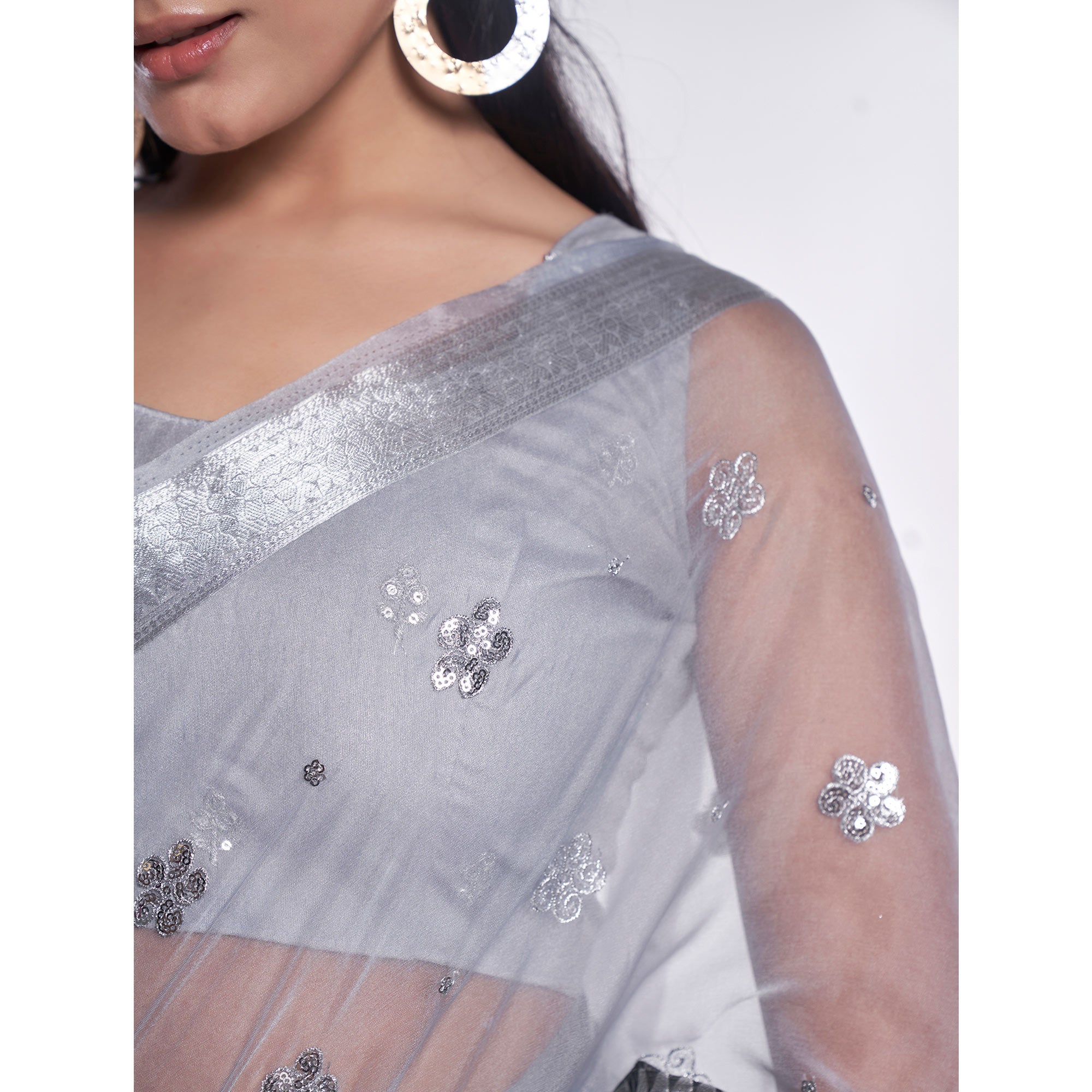 Black & Grey Sequins Embroidered Organza Saree