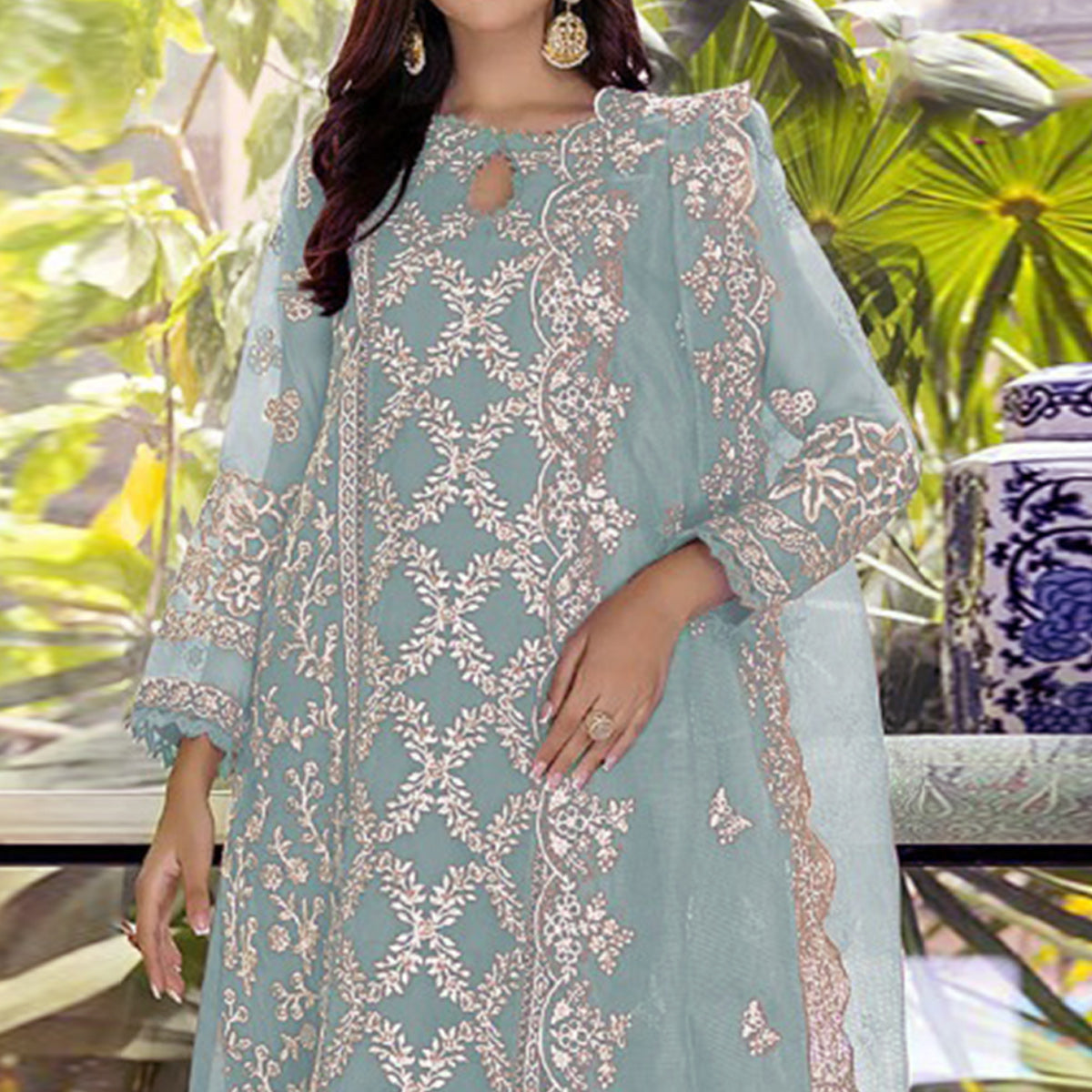 Blue Floral Embroidered Georgette Salwar Suit