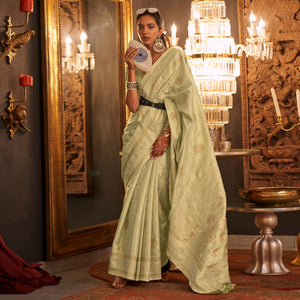 Cream Woven Art Silk Saree With Tassels