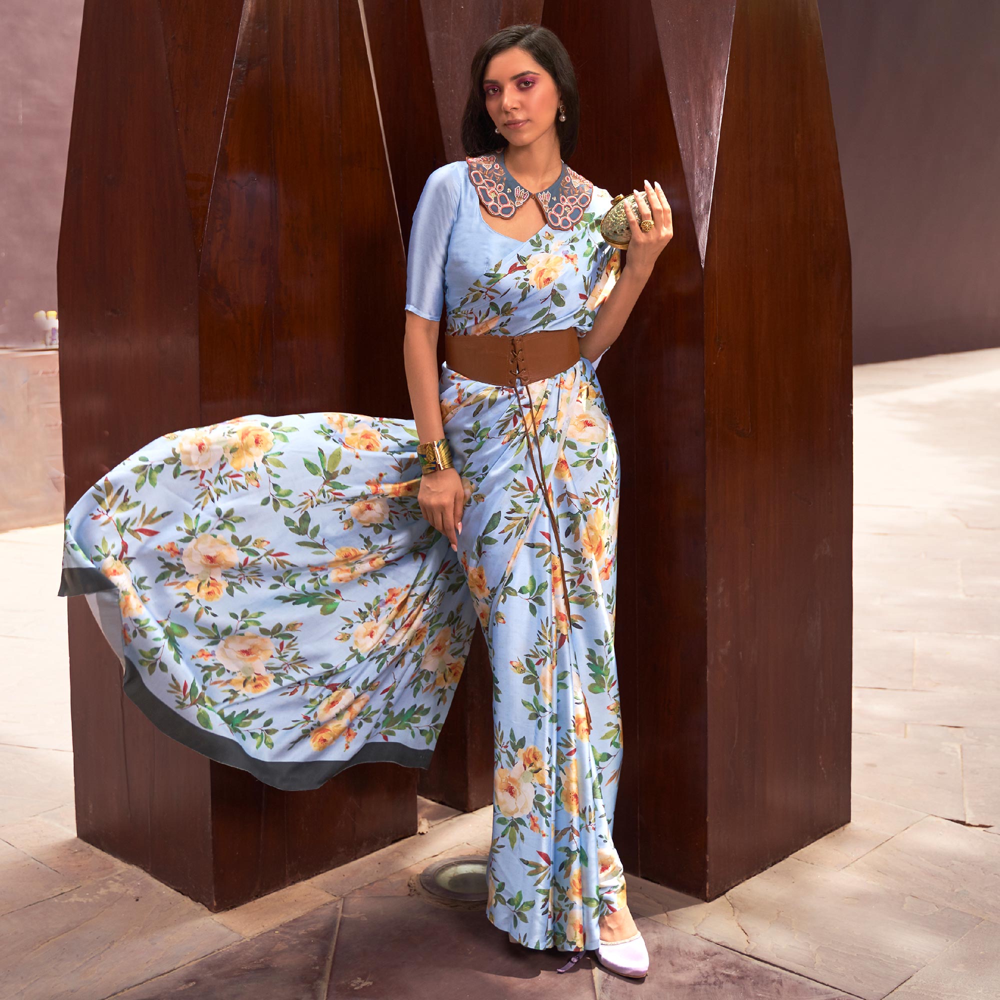 Blue Floral Digital Printed Satin Saree