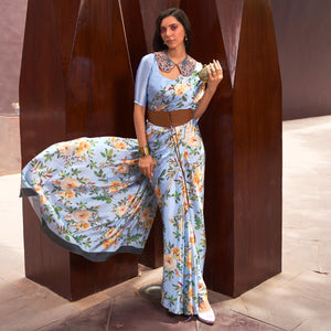 Blue Floral Digital Printed Satin Saree