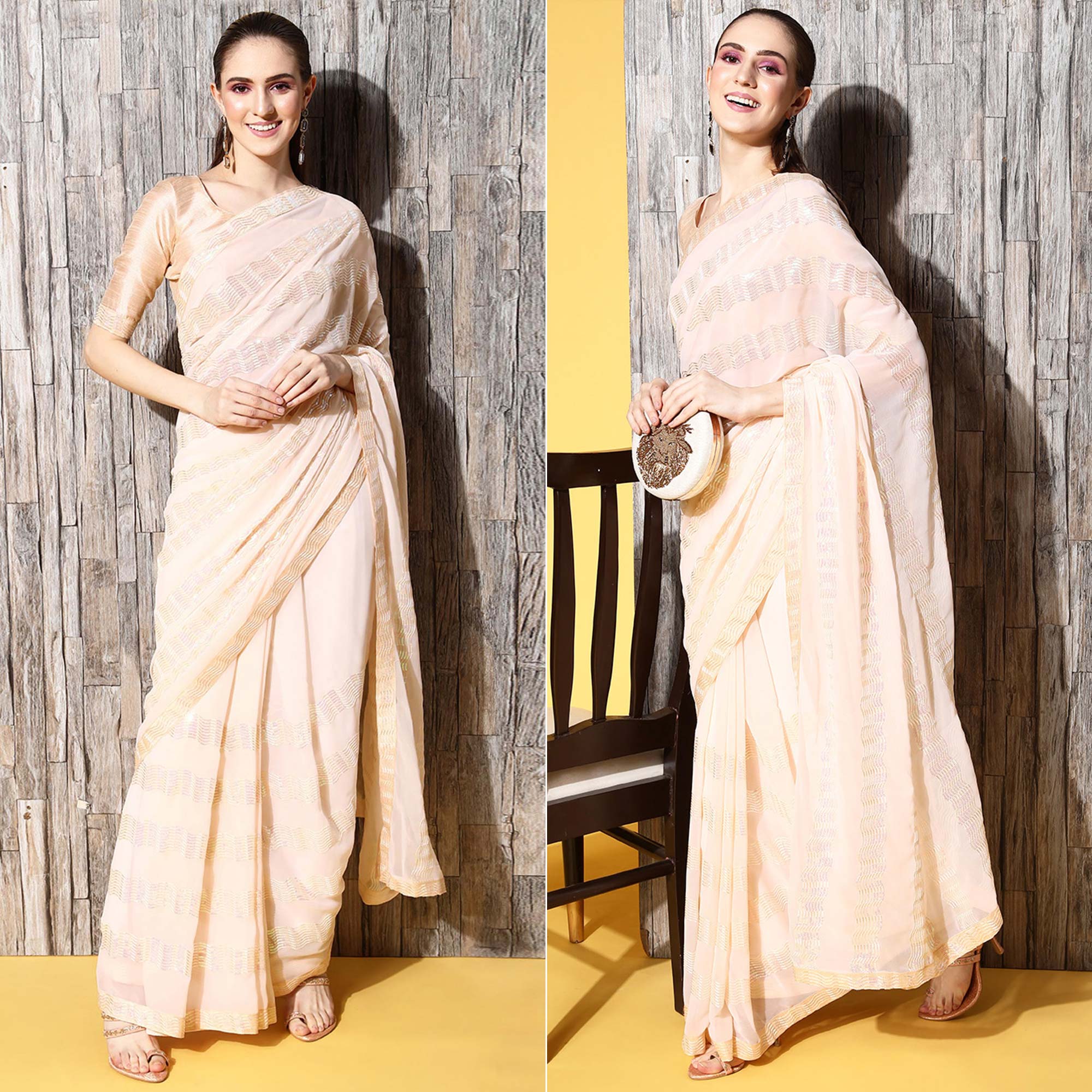 Cream Sequins Embroidered Georgette Saree