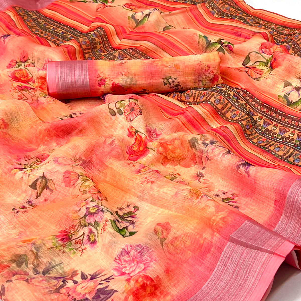 Multicolored Digital Printed Linen Saree