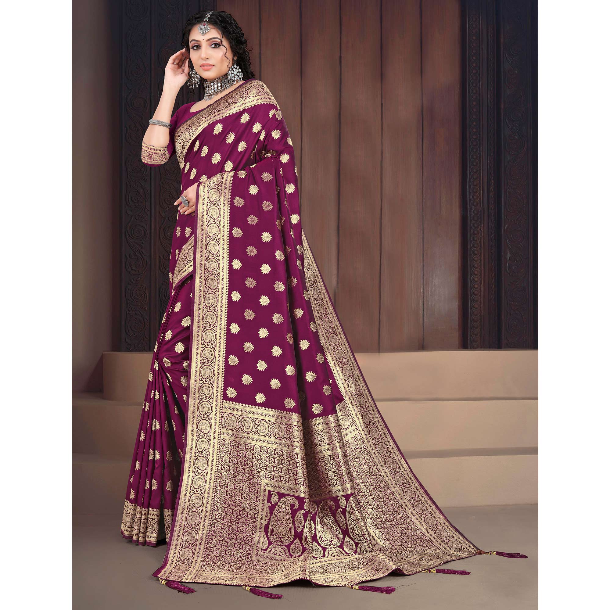 Wine Woven Banarasi Silk Saree