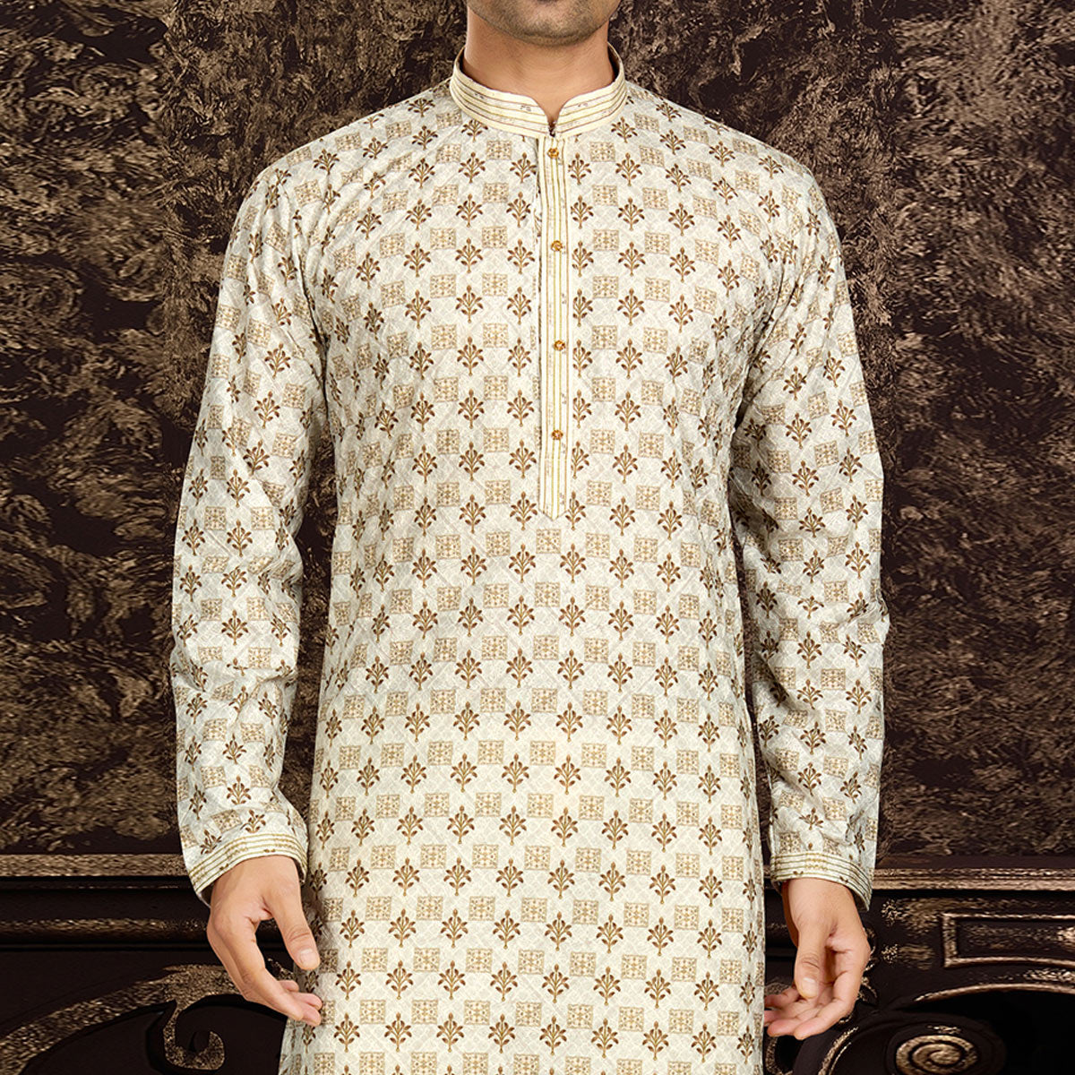 Cream Lucknowi And Digital Printed Cotton Kurta Pyjama Set