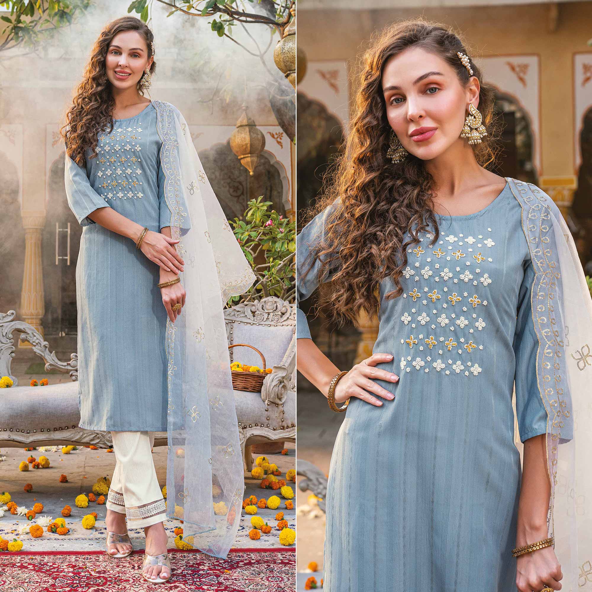 Light Blue Embellished Viscose Salwar Suit