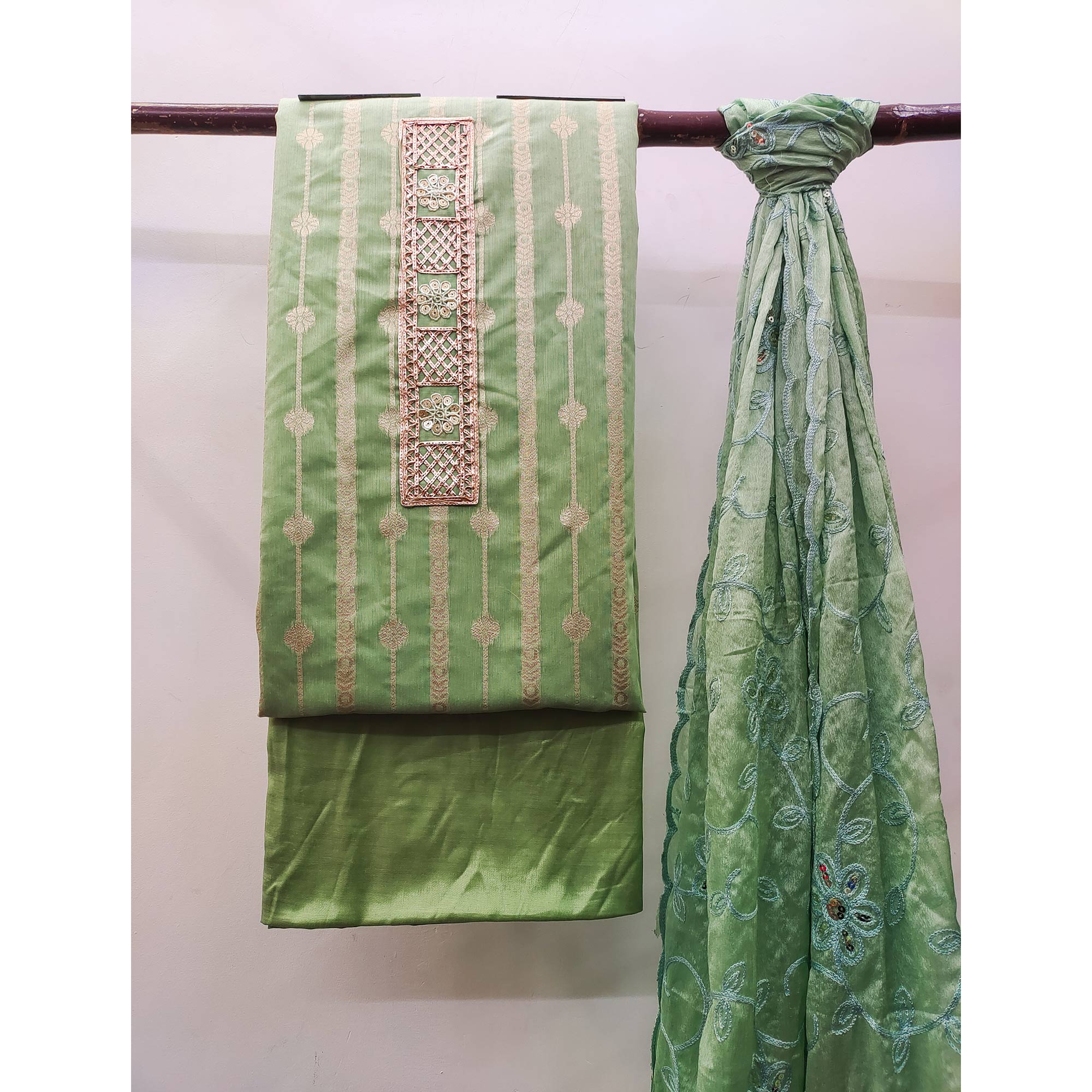 Green Woven Banarasi Silk Dress Material