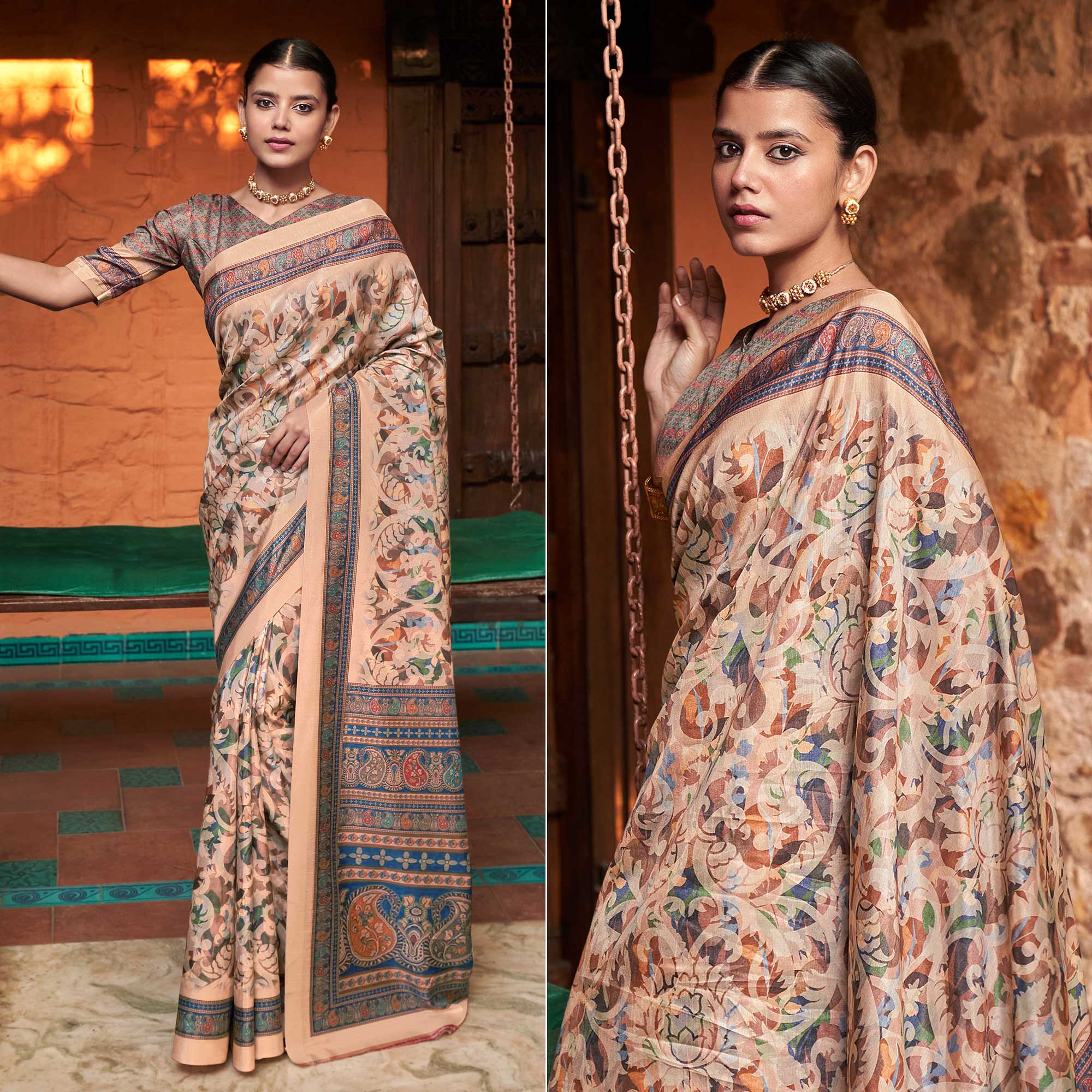 Cream Digital Printed Satin Saree