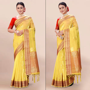 Yellow Woven Organza Saree With Tassels