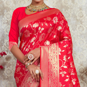 Red Woven Art Silk Saree With Tassels