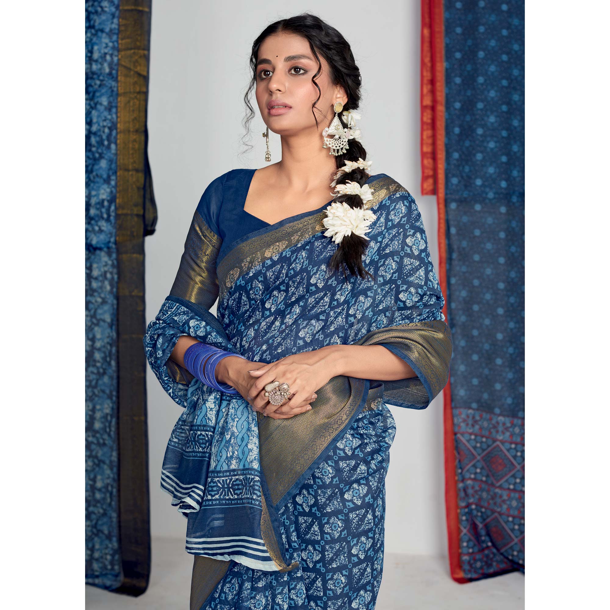 Blue Printed With Woven Border Cotton Blend Saree