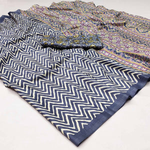 Grey Striped Printed Art Silk Saree