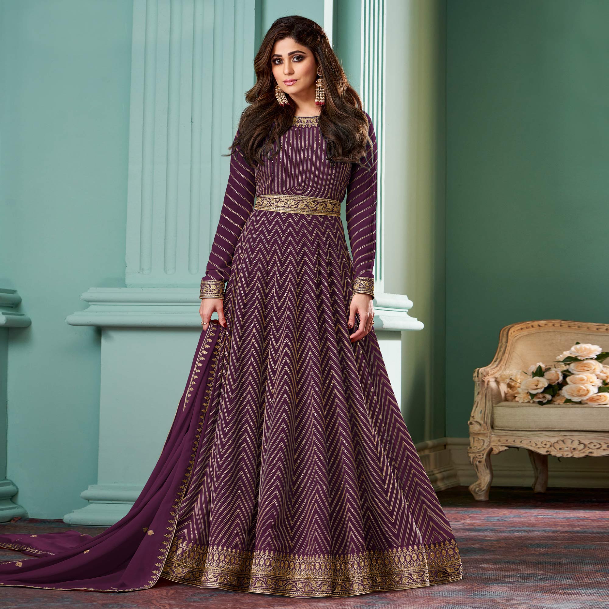 Purple Sequins Embroidered Georgette Gown