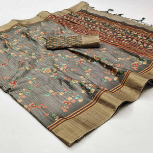 Grey Floral Printed Matka Tussar Saree With Tassels