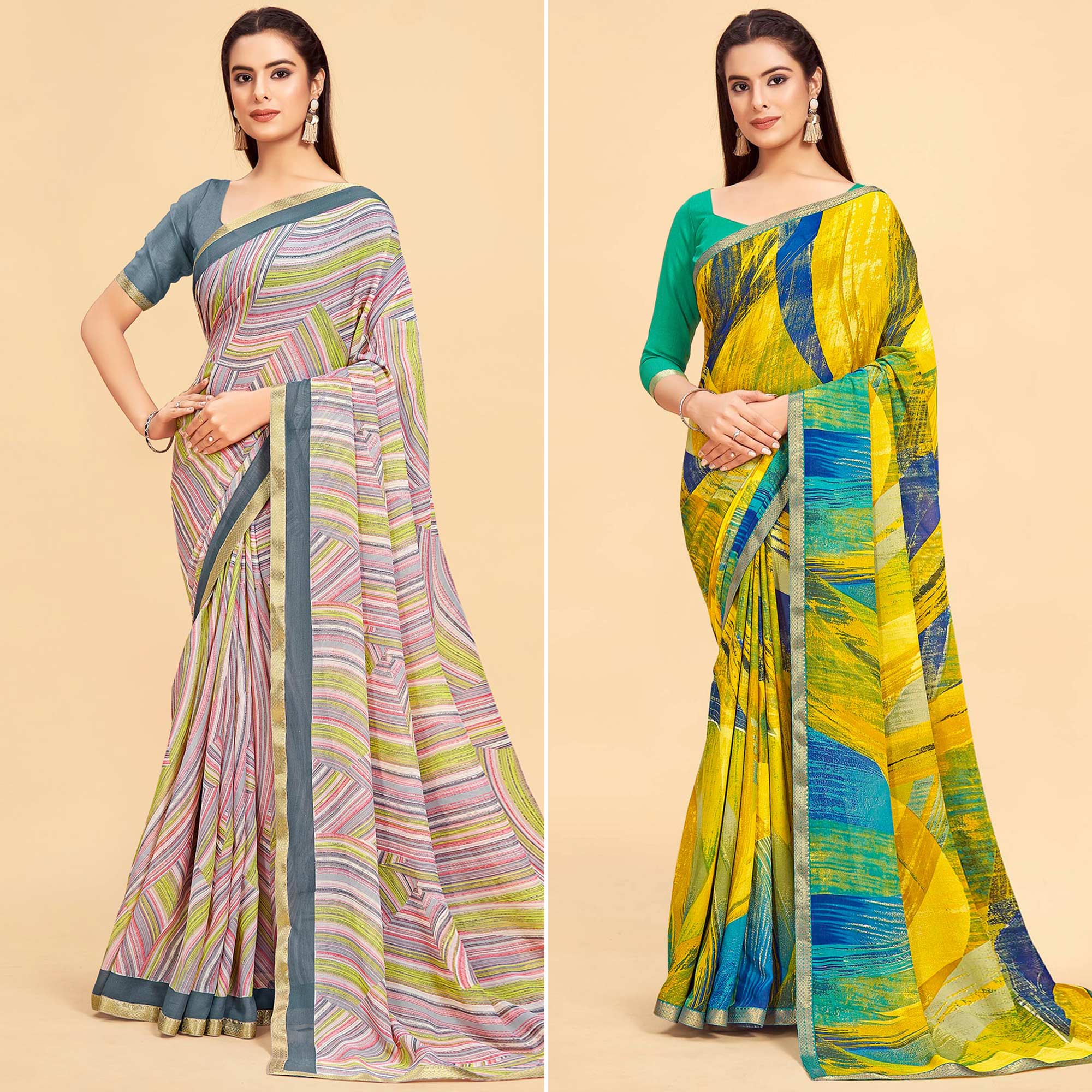 Multicolored And Lemon Green Printed Art Silk Saree Pack Of 2