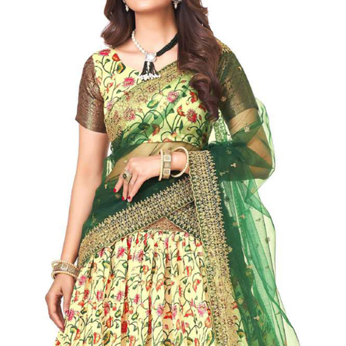 Lime Yellow Digital Printed With Zari Work Art Silk Lehenga Choli