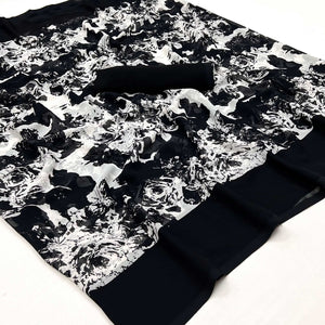 Black And White Floral Printed Georgette Saree