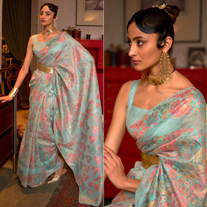 Turquoise Floral Woven Art Silk Saree