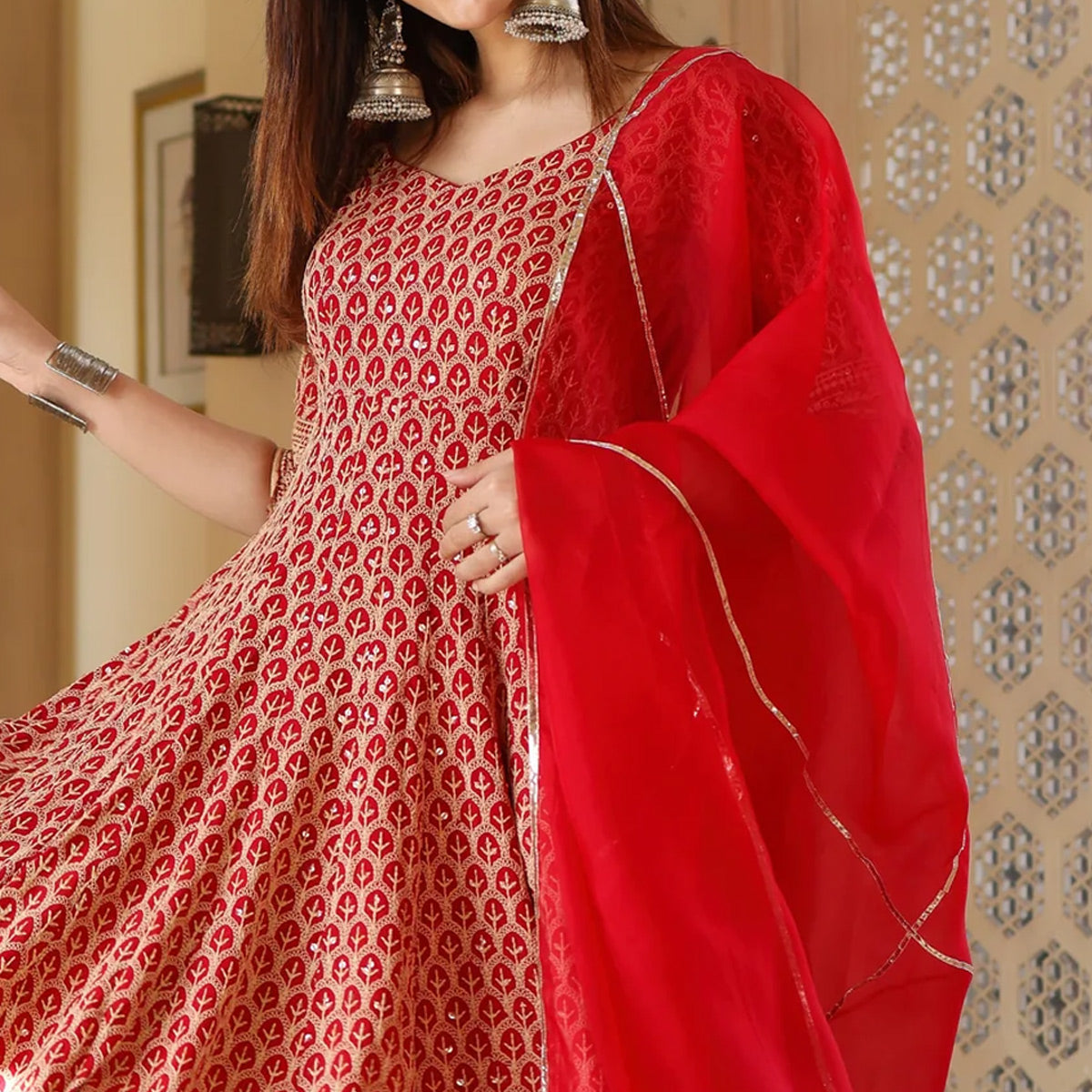 Red Embroidered Rayon Gown