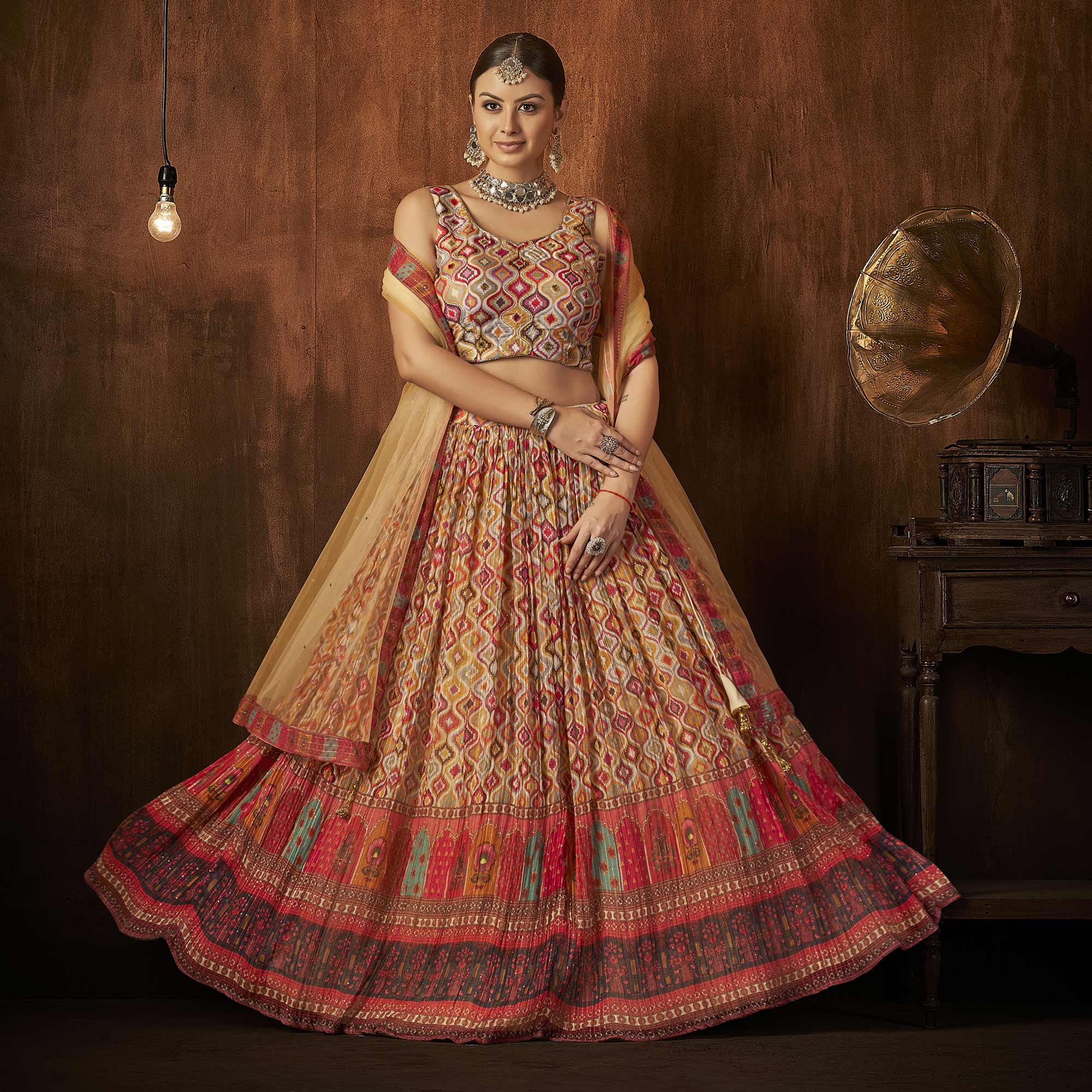 Beige Printed With Sequins Work Georgette Lehenga Choli