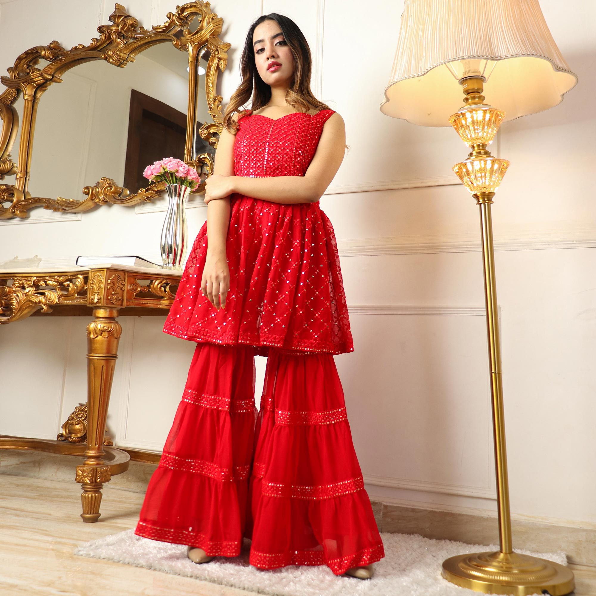Red Sequins Embroidered Georgette Sharara Suit