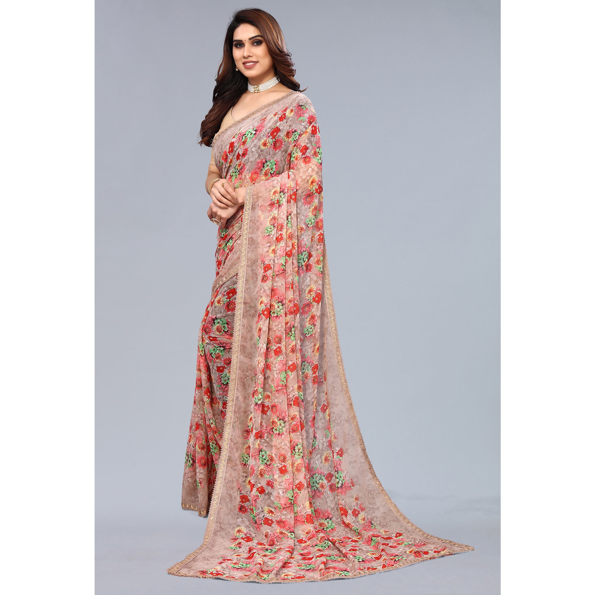 Beige Printed Georgette Saree With Crochet Border
