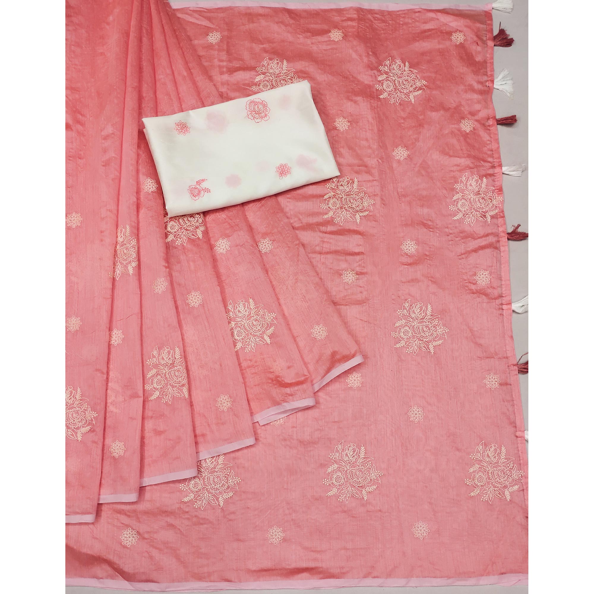 Gajari Pink Floral Embroidered Chanderi Saree With Tassels