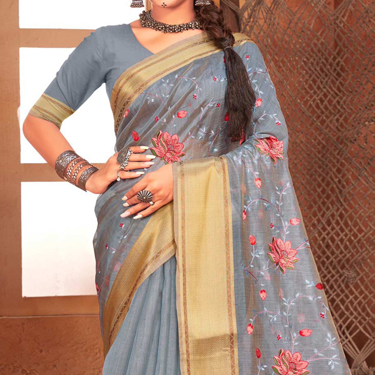 Grey Embroidered With Woven Border Organza Saree