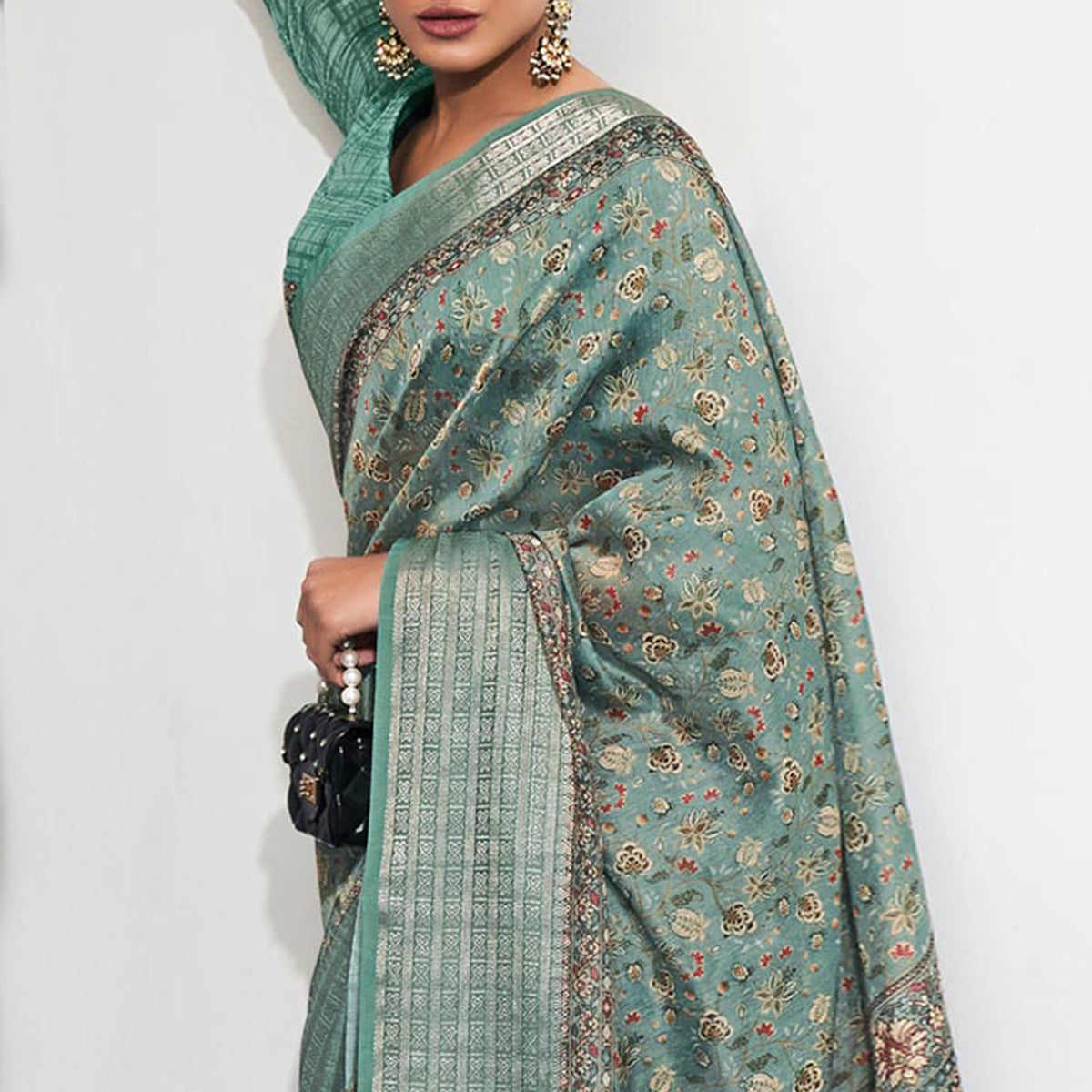 Sea Green Digital Printed Linen Saree