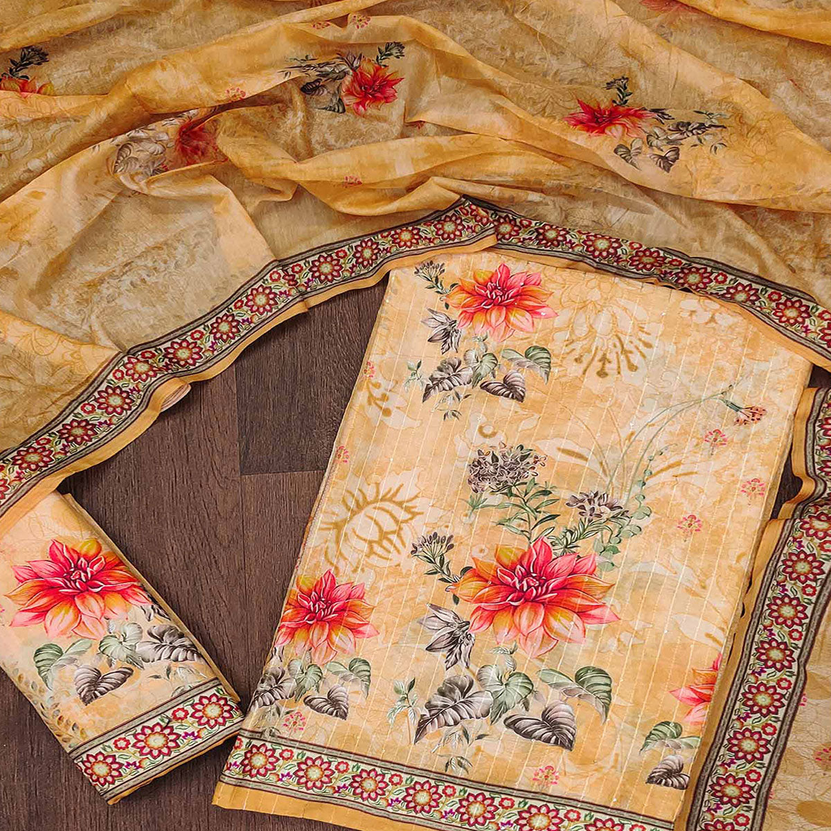 Yellow Floral Digital Printed Muslin Dress Material